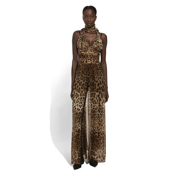 NWT Dolce & Gabbana Leopard print silk chiffon Long Maxi dress Brown 44 L - Picture 1 of 13
